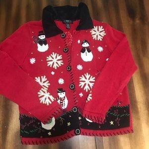 Vintage 90s Segue Red Knit Snowman Cardigan Sweater S Ugly Christmas swe…